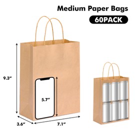 OUTUXED 60pcs Brown Gift Bags, Kraft Paper Bags with Handles, 7.1x3.6x9.3in Medium Size Brown Paper Bags for Retail, Gift Wrapping, and Shopping