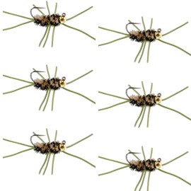 The Fly Fishing Place Tungsten Bead Jigged Pat's Rubber Legs Nymph Fly Fishing Flies - Coffee and Black with Olive Legs - Trout and Bass Wet Fly Pattern - 6 Flies Hook Size 10