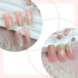 KQueenest Orange French Tip Press on Nails Long Coffin, Cute Rainbow Flowers Full Cover French Fake Nails Press ons, Natural Square Acrylic Nails For Women Spring Summer Wear 24 Pcs