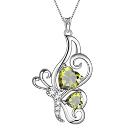 Green Butterfly Heart Necklace Women 925 Sterling Silver Animal Butterflies August Created Peridot Birthstone Peridot Pendant Crystal Wedding Birthday Jewelry DP0307A
