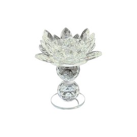 Generic 5"" Crystal Glass Prism Lotus Flower with Ball Crystal Prisms on Spinning Pedestal Glass Base Tea Light Candle Holder, Clear