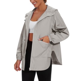 Rain Jacket Women Lightweight Waterproof Raincoat with Hood Cycling Biker Jackets, Grey White, Medium