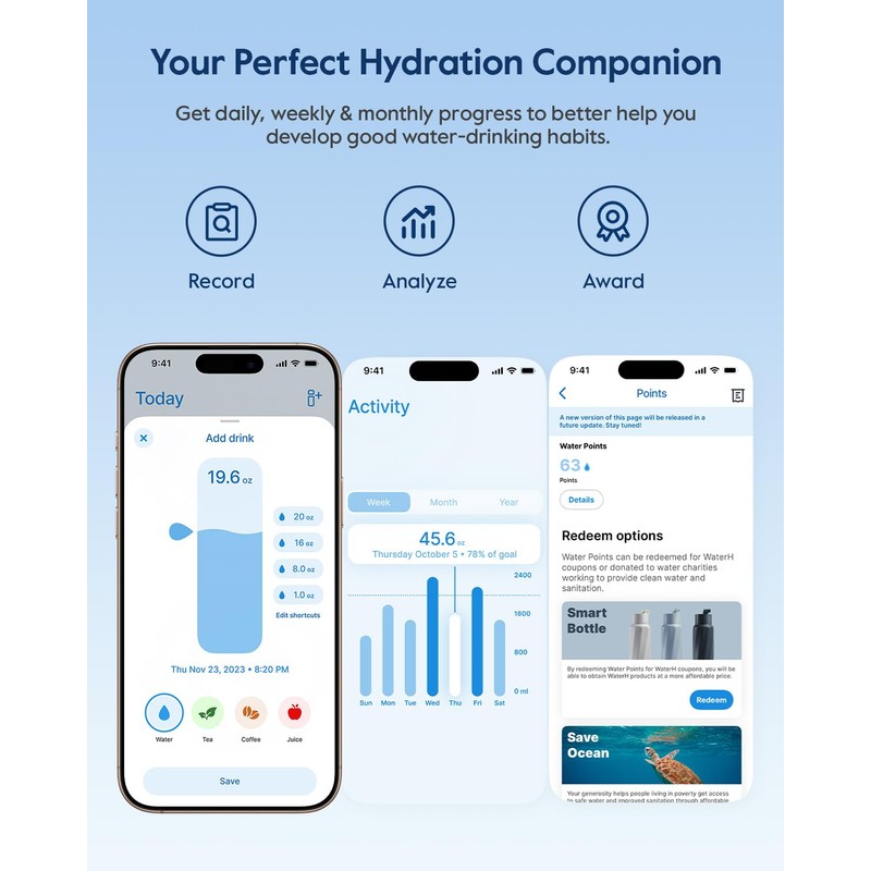 BOOST Smart Water Bottle with Reminder to Drink Water &