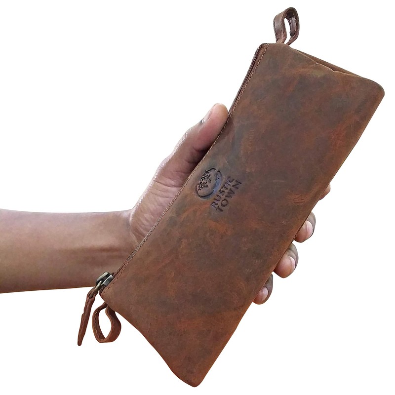 Rustic Town Leather Pencil Case - Zippered Pen Holder Pouch
