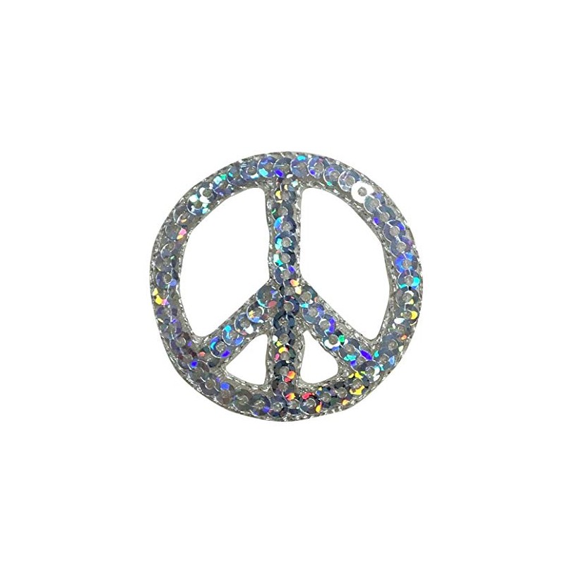 Sequin Peace Sign, Embroidered, Iron on Patch (Silver)
