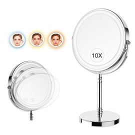 BonYei Lighted Makeup Mirror | 8" Rechargeable Double Sided 1x/10x Magnifying Mirror with Light | 3 Color Lights and Adjustable Brightness Vanity Mirror | 360°Rotation Detachable for Travel (Chrome)