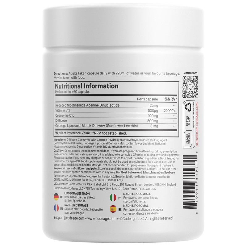 Codeage Liposomal Nadh+ Sport Nadh, Coq10, D-Ribose and Vitamin B12