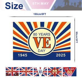 5ft VE Day 80th Anniversary Flag,VE Day Large Flag 80th Victory Flags 5*3FT,80 Years Victory In Europe Flags 80 Years VE-Flag Party Parades Celebration Decor Bunting Banner 2025 Gifts Memorabilia (F)