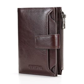 CHANPINCL mens buckle, zipper, leather wallet, detachable card, large capacity, multi-functional coin pocket (Vegetable tanned leather brown)