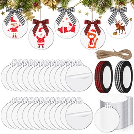 30 Pieces 3 Inch Acrylic Christmas Ornament Blanks Clear Acrylic Christmas Ornaments Blank Acrylic Circle Disc with Hole Acrylic Transparent Tags Rolls Ribbons(Cute Style,Classic Plaid Color)