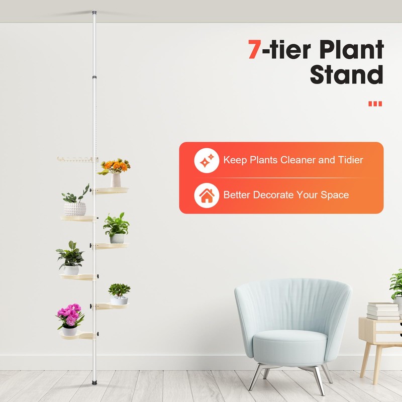 7 Tier Indoor Storage Pole,Corner Storage Rack,Adjustable Plant Pot Stand,Telescopic