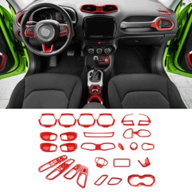 CheroCar 31 PCS Full Set Interior Decoration Trim Kit for Jeep Renegade 2016-2018 - Steering Wheel, Door Handle, Air Outlet, Cup Holder, Gear, Door Speaker Covers - Red