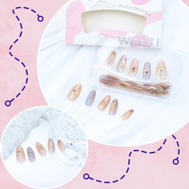 30Pcs Gold Star Press on Nails Medium Almond Fake Nails with 3D Blue Rhinestones Designs Glue on Nails Cute Moon Acrylic Nails Gold Snake French False Nails Bohemian Style Stick on Nails for Women