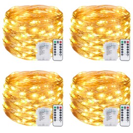 4 Pack Fairy Lights Battery Operated with Remote, Each 39Ft 120LED Battery Powered String Lights with Timer, 8 Modes Waterproof Twinkle Christmas Lights for Bedroom Party Indoor Mason, Warm White