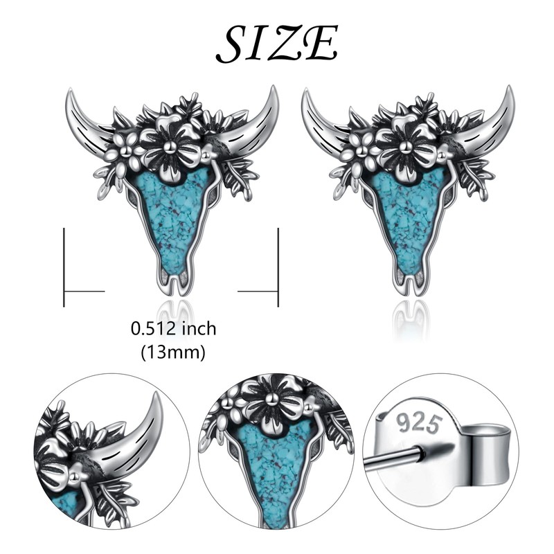 925 Sterling Silver Western Turquoise Cow Skull Stud Earrings for
