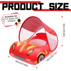 Baby Swimming Float, Rppiup Inflatable Car Baby Swim Float with Adjustable Sun Canopy, SPF 50+ and Safety Seat Pool Toys, for Age 3-36 Months Babies Toddlers Kids Infant Children (Red Sports Car)