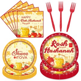 Gameza Happy Rosh Hashanah Decorations - 96PCS Rosh Hashanah Plates Napkins and Forks Disposable Tableware Set for Party Shana Tovah Jewish New Year Festival Party Supplies Decor Serve 24