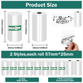 15PCS Mini Printer Thermal Sticker Paper,Including 2 Rolls Transparent And 13 Rolls White Self-Adhesive,For Photos,To-do Lists,Notes(57 x 25 mm)