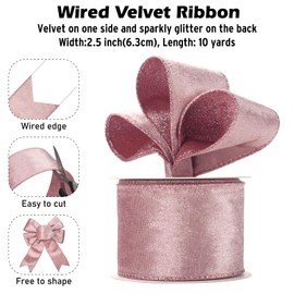 Pink Christmas Velvet Wired Ribbon for Gift Wrapping, Velvet Ribbon 2.5 inch×10 Yards Wide Pink Wired Velvet Ribbon with Glitter Backing for Christmas Tree, Ornaments, Wreaths, Crafts, Topper Bow