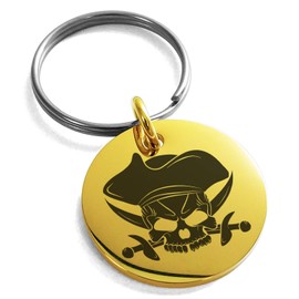 Tioneer Gold Plated Stainless Steel Pirate Skull & Cross Swords Small Medallion Circle Charm Keychain Keyring