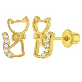 Gold Plated Clear Cubic Zirconia Kitten Cat Safety Screw Back Earrings for Toddlers & Little Girls - Cute and Fun Animal Jewelry for Children - Cat Themed Jewelry for Young Girls Daily Wear