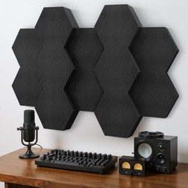 Acoustic Foam Panels, 3D Hexagon Dual Thickness 1.57" & 2.75" Sound Absorbing Tiles for Studio, Room, 12 Pack, 12" x 10" Black Decorative Art Paneles for Ceiling, Door, Pared, Walls, Home Decor