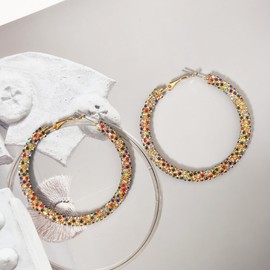 JINGDR Multcolors Cubic Zirconia Hoop Earrings For Women Statement Oval Rhinestone Hoop Earrings 14K Gold Plated Chunky Hoop Earring Dainty Lightweight Big Earrings Trendy Jewelry(Rainbow Gold)