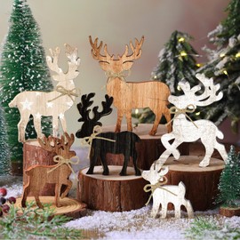 Yuntau 6 Pcs Christmas Table Decoration Wooden Farmhouse Table Centerpieces Rustic Christmas Tree House Reindeer Elk Angel Snowflake Wooden Sign Block Tiered Tray Decor for Xmas Gifts(Elk)