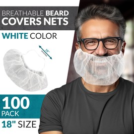 ABC White Disposable Beard Nets for Work, 18 Inch. Pack of 100 Polypropylene Disposable Beard Covers for Men with Elastic Bands. Breathable Beard Covers Nets for Cooking, Cleaning and Food Service