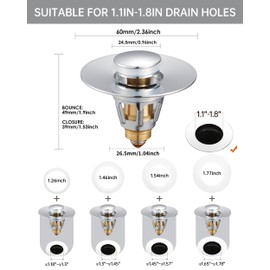 Fransiton Bathroom Sink Stopper, 1.1-1.77 Inch Basin Pop Up Sink Drain Stopper, Anti Clogging Drain Plug with Detachable Hair Catcher, Brushed Nickel