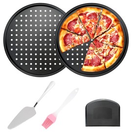 SITAKEGS Pizza Tray, Set of 2, Stainless Steel Non-Stick Pizza Tray with Holes, Oven, Round Pizza Pan with Oil Brush, Spatula, Perforated Baking Tray for Oven, Grilling, Cooking, Baking, Roasting,
