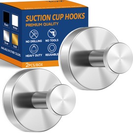 Ycxz Suction Cup Hooks - 12LB Heavy Duty Stainless Steel No-Drill Hooks for Shower Wall, Bathroom, Kitchen, Glass Door, Tile, Mirror (Silver, 2 Pack)