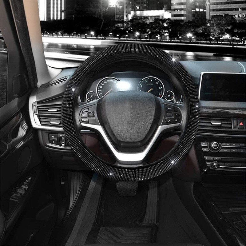 Universal Shiny Black Car Steering Wheel Cover with Bling Rhinestones