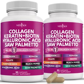 NEW AGE Collagen Pills Biotin Keratin Saw Palmetto Hyaluronic Acid - Vitamin E Folic Acid Pumpkin Seed MSM - 90 Count (Pack of 2)