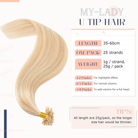 MY-LADY Real Hair Extensions Bondings 35 cm #18P613 Ash Blonde / Blonde Keratin U-Tip Remy Real Hair Highlight Hair Extensions 25 Strands 0.8 g/s 20 g