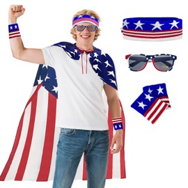 VERONLY 4th of July American Flag Cape Costume Set for Men with Patriotic Wristbands, USA Sunglasses, Star Headband