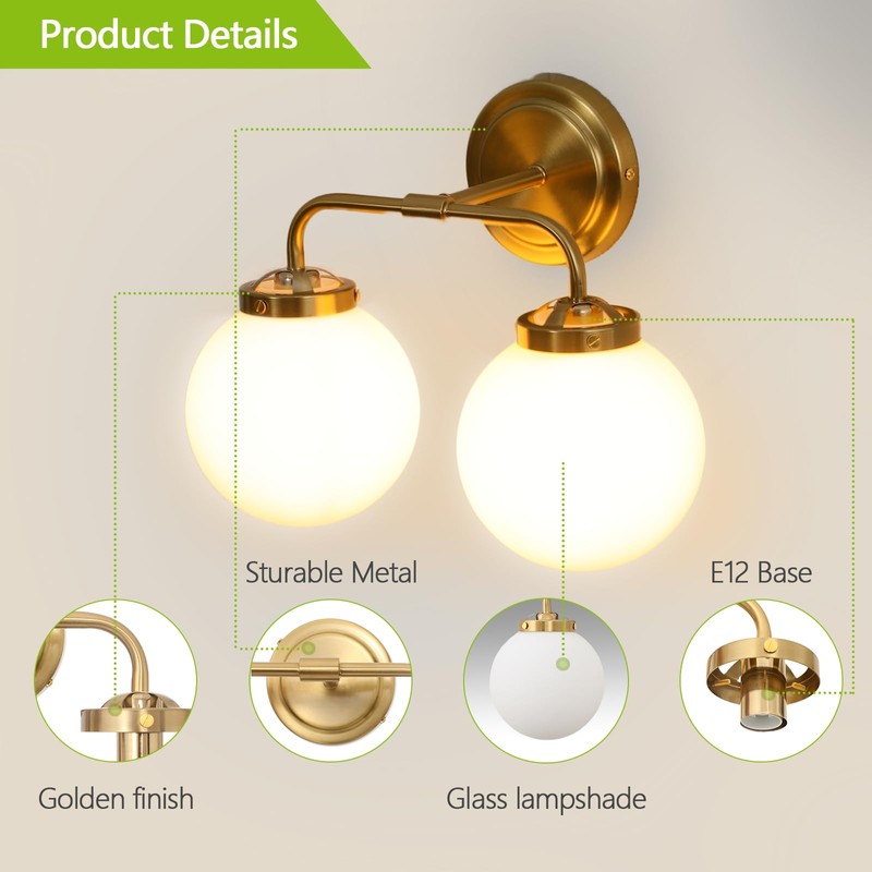 MonDaufie 2-Light Brushed Brass Vanity Light Fixture, Mid Century Wall