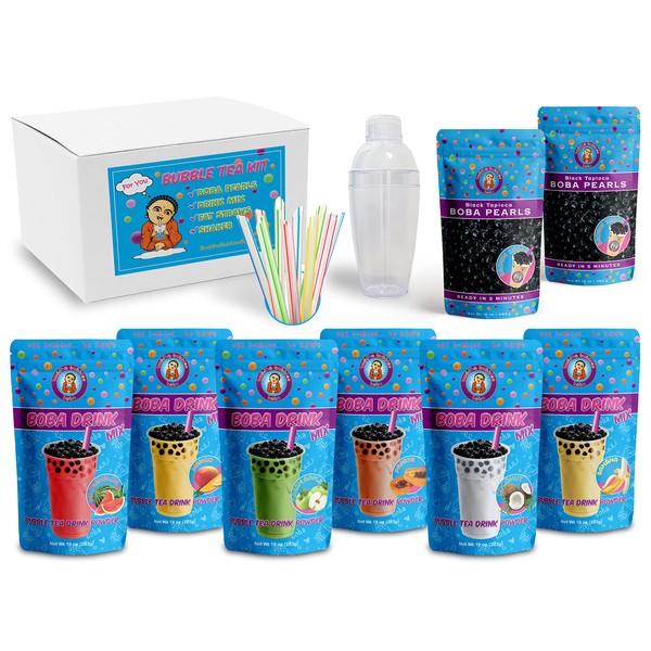 The Original Ultimate D.I.Y. Boba / Bubble Tea Kit Gift Box 6 Flavors, Boba Pearls, Straws and Shaker (FRUITY)