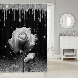 Manfei 3D Grey Rose Shower Curtains Silver Glitter Sparkling Bathroom Curtains for Kids Boys Girls Room Decor, Grey Flower Waterproof Bath Curtains with 12 Hooks Suits for Bathtub, 72" W x 72" L