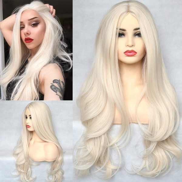 BLUPLE Platinum Blonde 60# Synthetic Wig Long Natural Wavy Heat