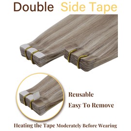 Hetto Tape in Hair Extensions Human Hair Blonde Tape Hair Extensions Real Human Hair Ash Blonde with Platinum Blonde 16 Inch 50g/20Pcs #P18/613