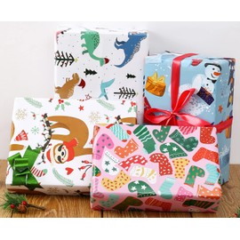 CAMKUZON Christmas Wrapping Paper for Kids Boys Girls Baby Women Men - 12 Sheets Xmas Gift Wrap 4 Cartoon Designs Dinosaur, Sloths, Snowmen, Socks - Folded Flat, 20 Inch X 29 Inch Per Sheet