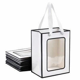 NBEADS 12 Pcs Kraft Paper Gift Bags with Clear Window, 7.9x5.9x4.1inch Paper Gift Tote Bags with Handles Paper Shopping Bags for Birthday Bridal Shower Festival Party, White Black