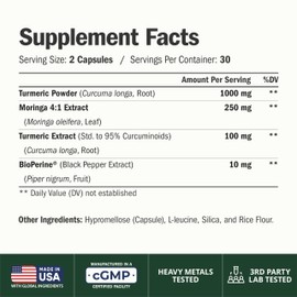Moringa Capsules – 3-in-1 Turmeric Moringa Supplement with BioPerine (Black Pepper Extract) for Max Absorption – Potent 4:1 Moringa Oleifera Extract + Tumeric for Energy & Joint Support – 60 Capsules