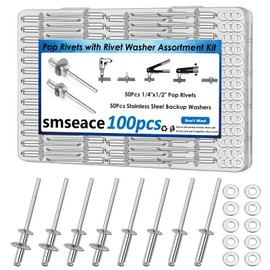smseace 100Pcs 1/4"x1/2" Pop Rivets with Washer Assortment Kit 6.4x12.7mm Pop Rivets and 1/4" 304 Stainless Steel Backup Washers Aluminum Rivets kit for Metal/Furniture/Automotive/Instruments