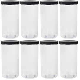 Hampton Distribution 8 Pack Clear Plastic Jars with Black Lid, 68 Oz Round Storage Jars, Empty Large Mason Jars, Tall Canisters Cylinders, Pantry Container for Dry Food, Spice, Cereal, Nuts, Noodles