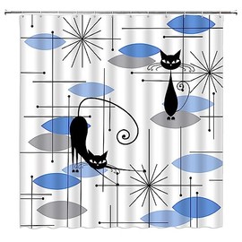 LAEDCIITI Mid Century Black Cat Shower Curtain Blue Grey Modern Atomic Abstract Geometric Iconic Pattern Retro Black Kitty Animal 1950s 1960s Vintage Fabric Bathroom Curtain Set with Hook