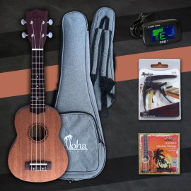 Aloha Left Handed Ukulele SK601 with Accessories (Canadian Brand) - Soprano Brown