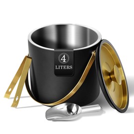 Bakpoco 4L Ice Bucket with Silicone Lid, Scoop, Gold Tongs & Strainer, Stainless Steel Double Wall Insulated Ice Buckets for Parties & Cocktail Bar Outdoor Champagne Ice Container Bin, Black