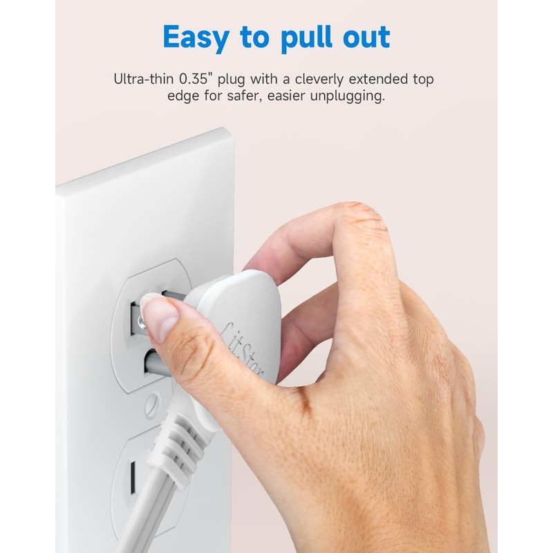 Flat Plug 1Ft Short Extension Cord, White 90-Degree Plug Low